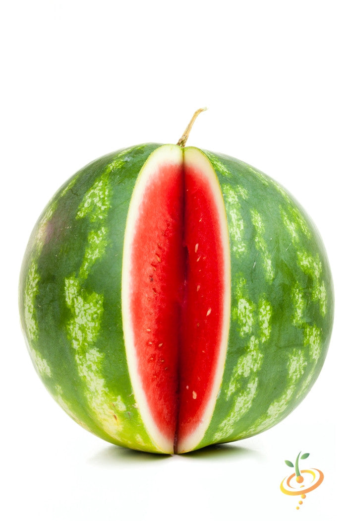 Whole sugarbaby watermelon sliced open showing bright red flesh and green rind isolated on white background