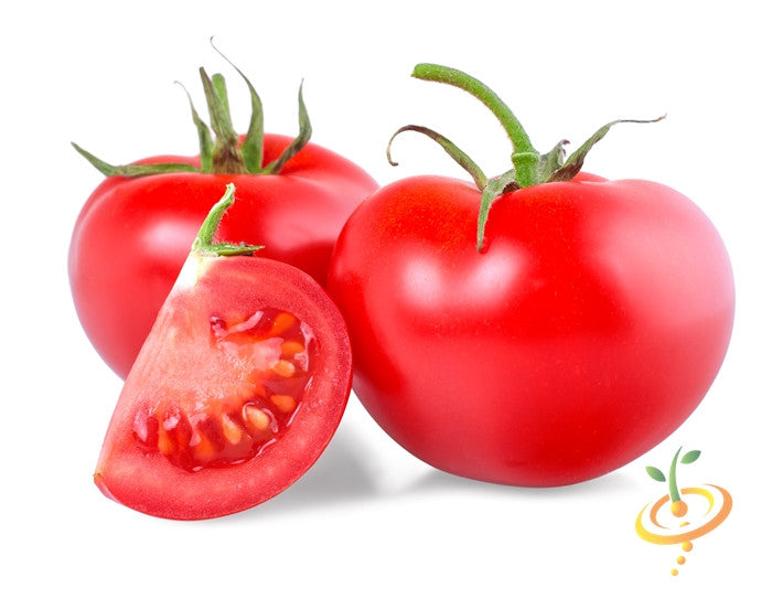 Three bright red Rutgers tomatoes with smooth skin, one sliced to show juicy interior and seeds, on white background