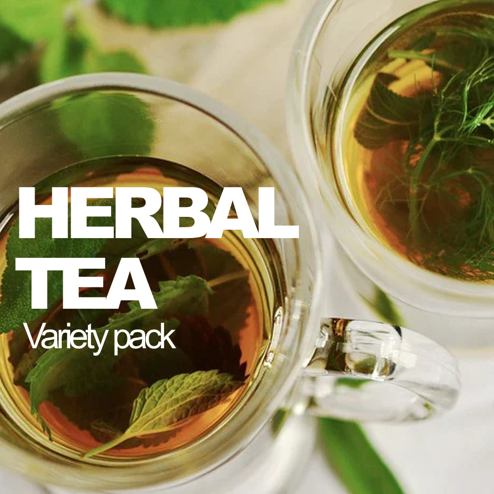 Assorted herbal tea variety pack with multiple tea bags from SeedsNow-SeedBanks, showcasing colorful packaging and tea infusions.